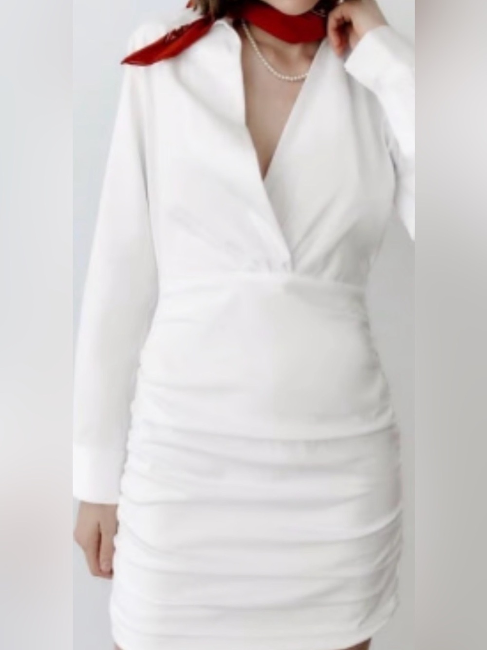 Zara Poplin Ruched Shirt Dress Ivory Long Sleeved Plunging Neckline Size M NWOT